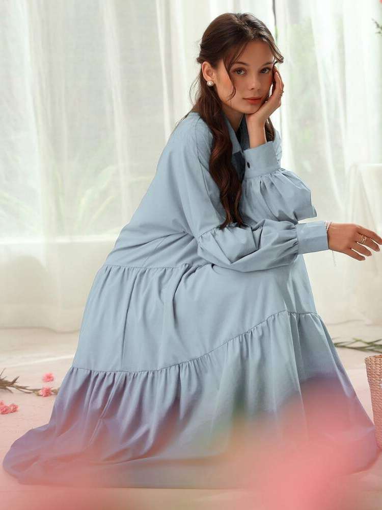  Plain Ruffle Hem Casual Women Dresses 698