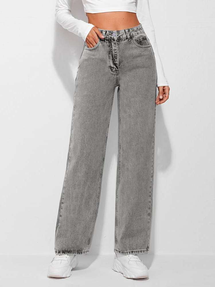 Button Loose Light Grey Women Jeans 455