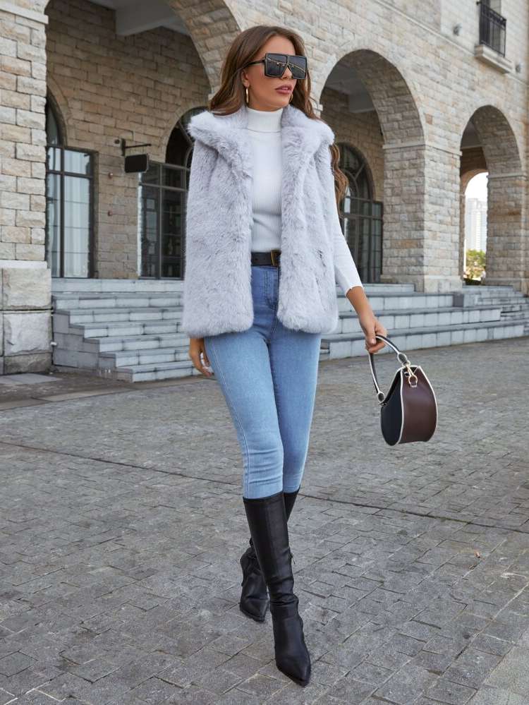  Casual Light Grey Plain Women Faux Fur Coats 2213