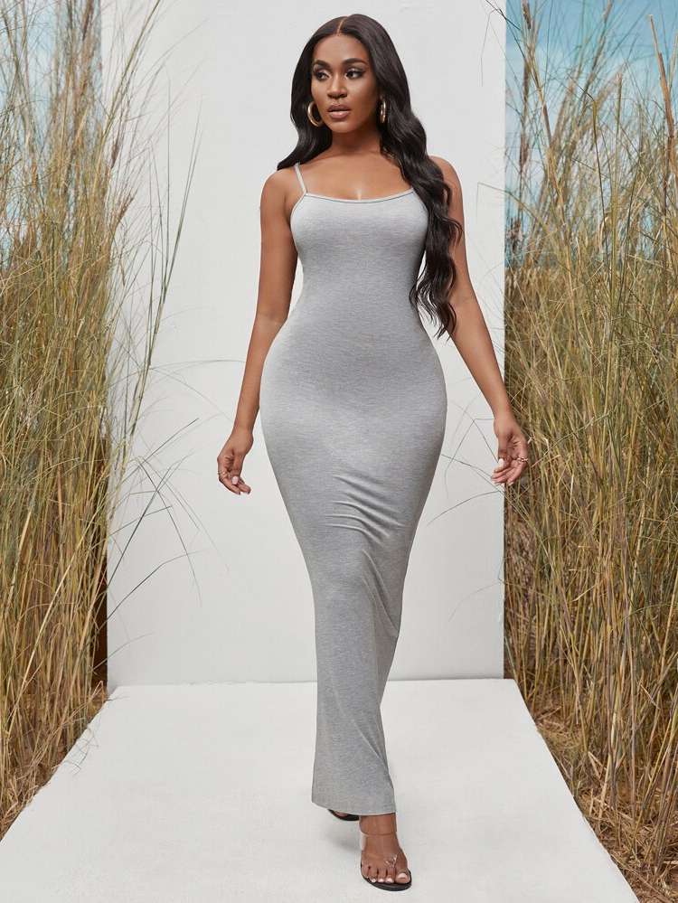 Light Grey Slim Fit Spaghetti Strap Maxi Women Dresses 788