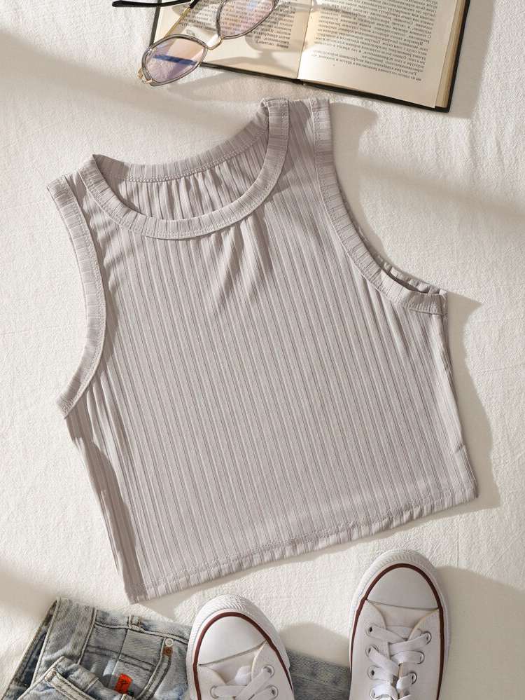 Slim Fit Plain Crop Light Grey Women Tank Tops  Camis 882