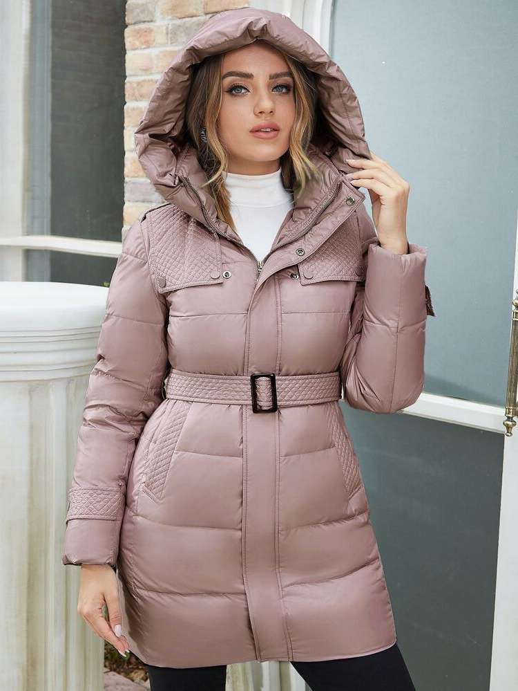 Light Grey Hooded Long Sleeve Zipper Women Winter Coats 8447