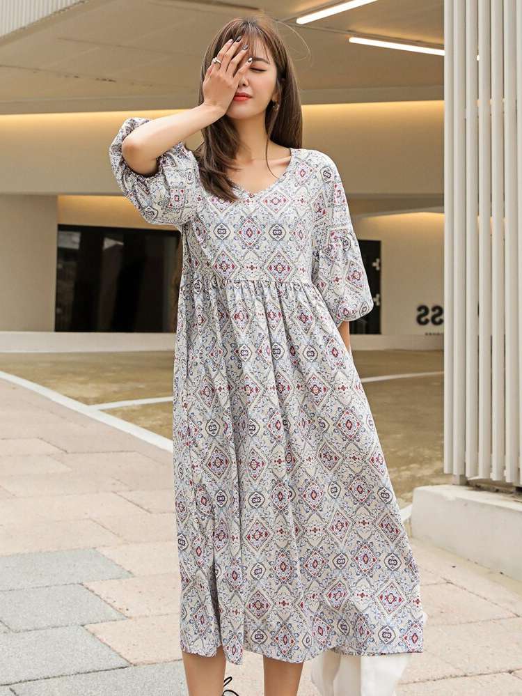 Half Sleeve Tribal Boho Light Grey Women Dresses 676