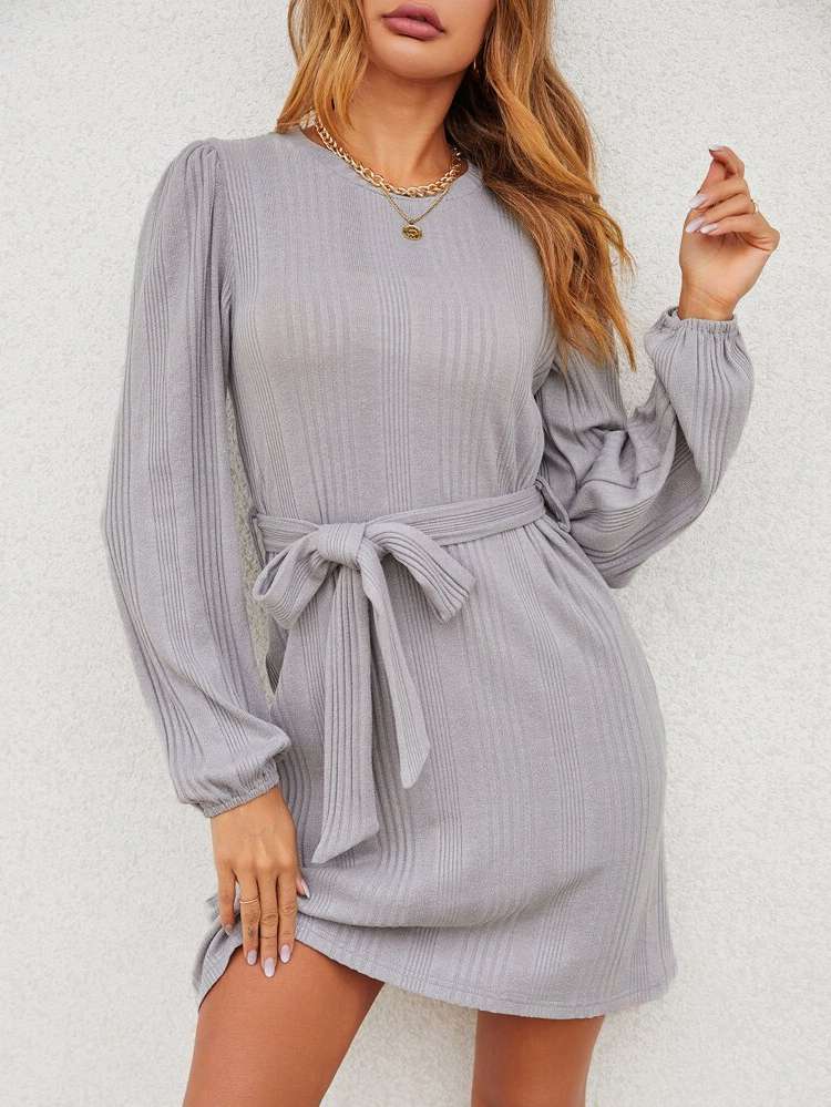 Plain Tie Front Long Sleeve Casual Women Dresses 152