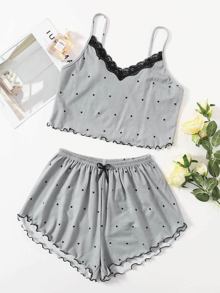 Polka Dot Contrast Lace Sleeveless Women Pajama Sets 7404