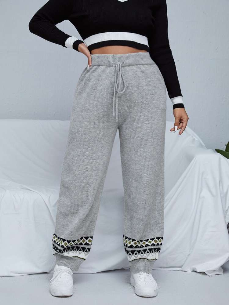 Light Grey Casual Geometric Plus Size Sweater Pants 9559