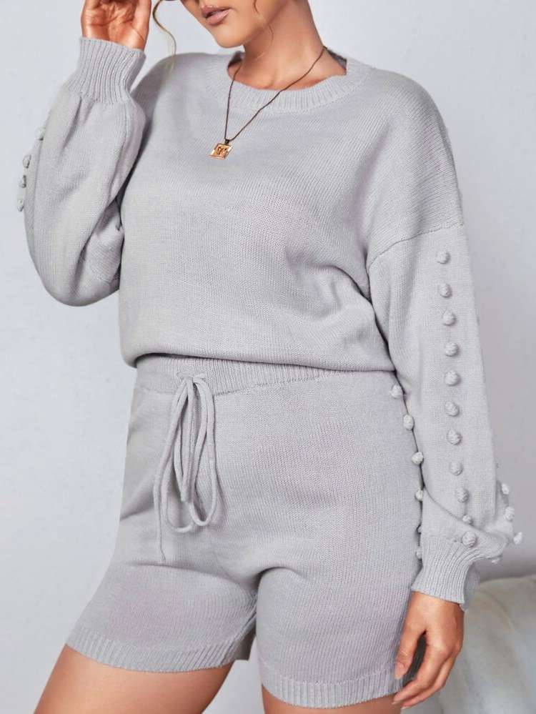 Light Grey Knot Long Sleeve Plus Size Sweater Co-ords 5991