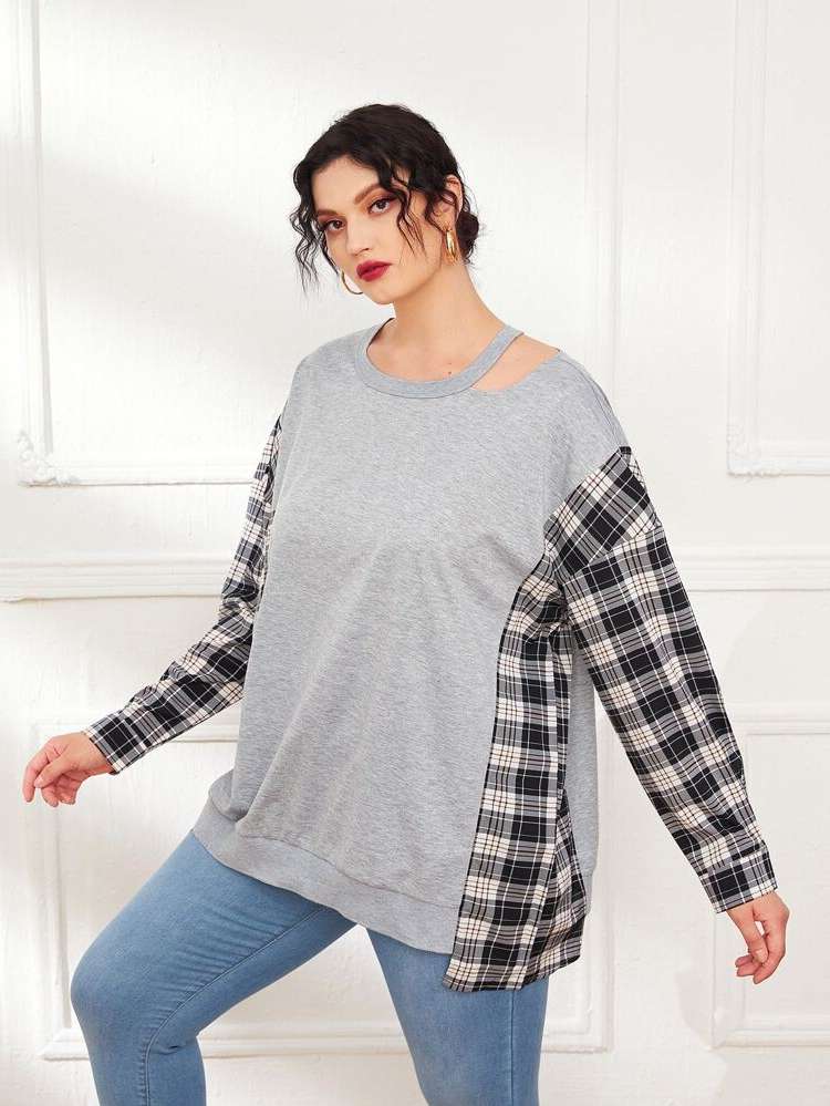 Light Grey Plaid Casual Plus Size Sweatshirts 2746