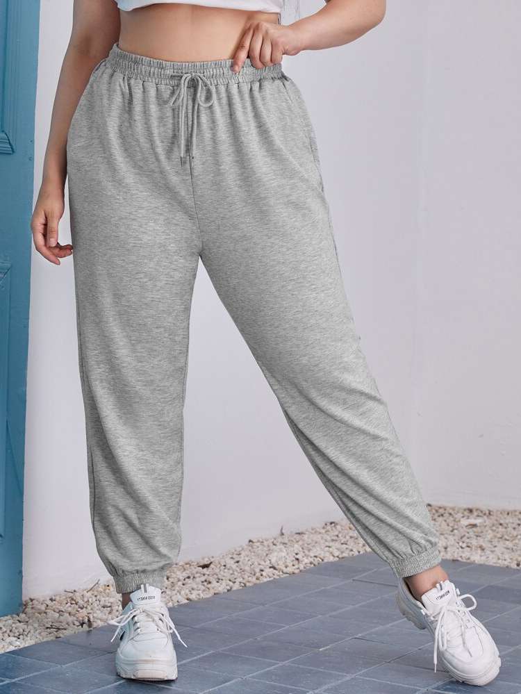  Light Grey Drawstring Cropped Plus Size Bottoms 8759