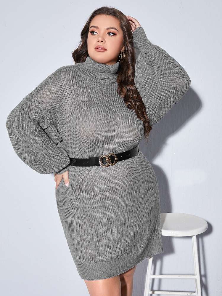 Knee Length Light Grey Regular Fit Plus Size Sweater Dresses 740