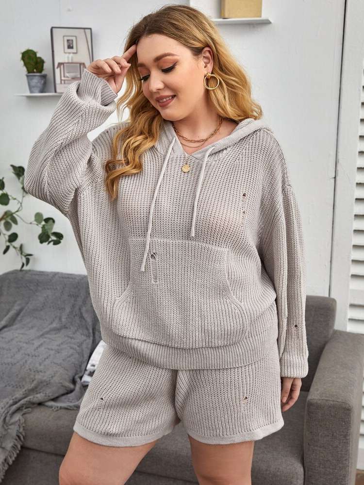 Plain  Drawstring Plus Size Sweater Co-ords 1374