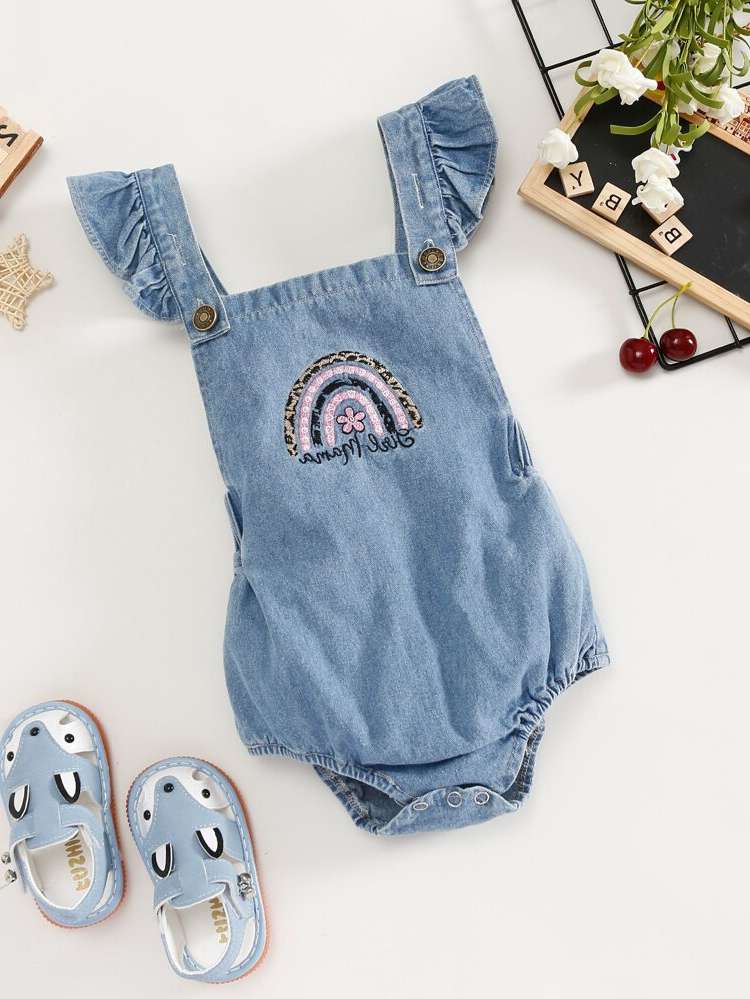 Straps Embroidery Light Wash Cap Sleeve Baby Denim 9156