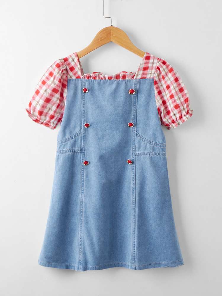 Plaid Square Neck Double Button Girls Denim Dresses 8967