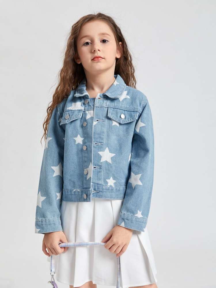 Regular Geometric Long Sleeve Light Wash Girls Denim Jackets  Coats 4108