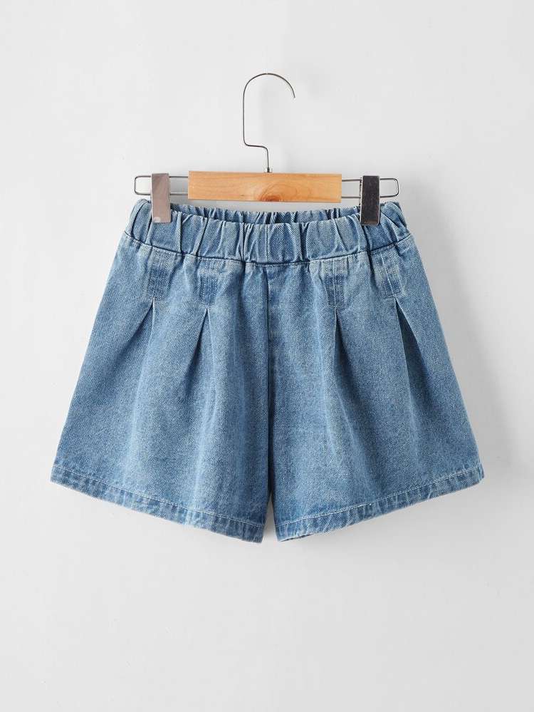 Plain Loose Plicated Girls Denim Shorts 2842