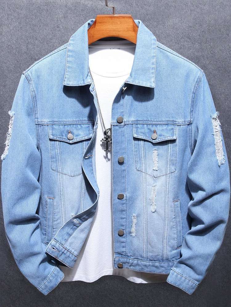 Ripped Long Sleeve Collar Casual Men Denim Jackets 3755