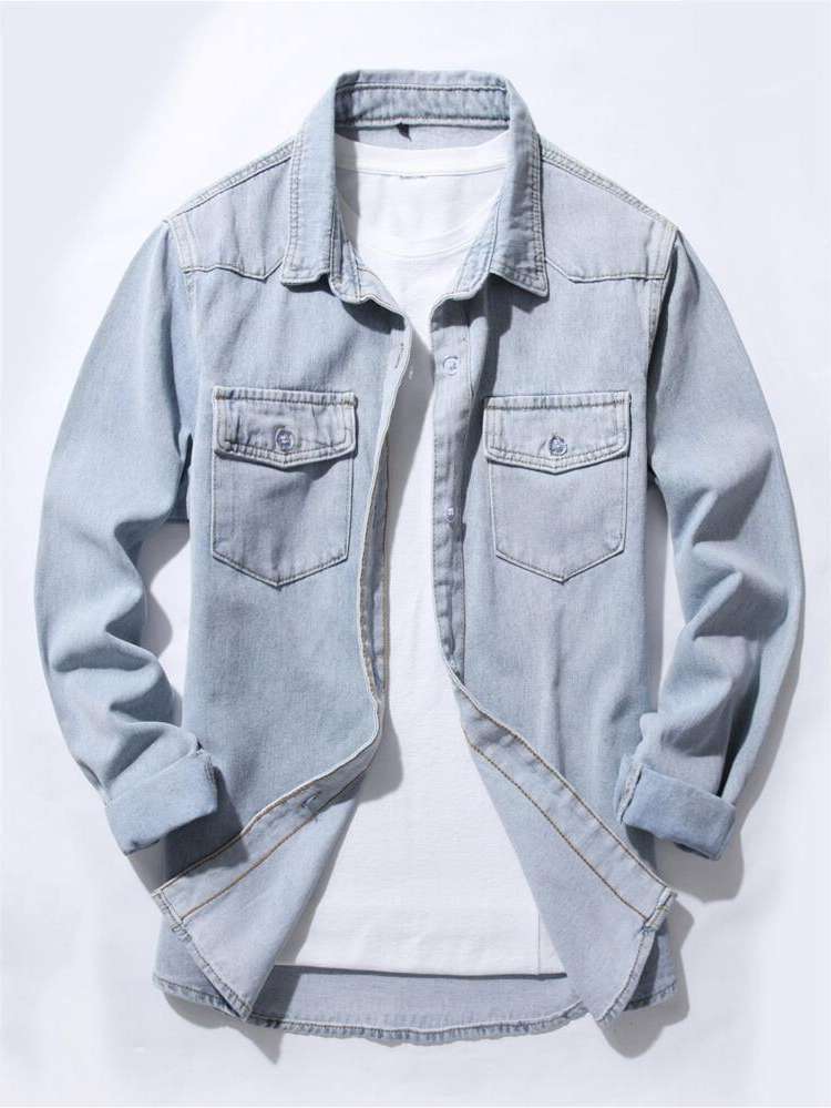 Collar Plain Casual Men Denim Shirts 9