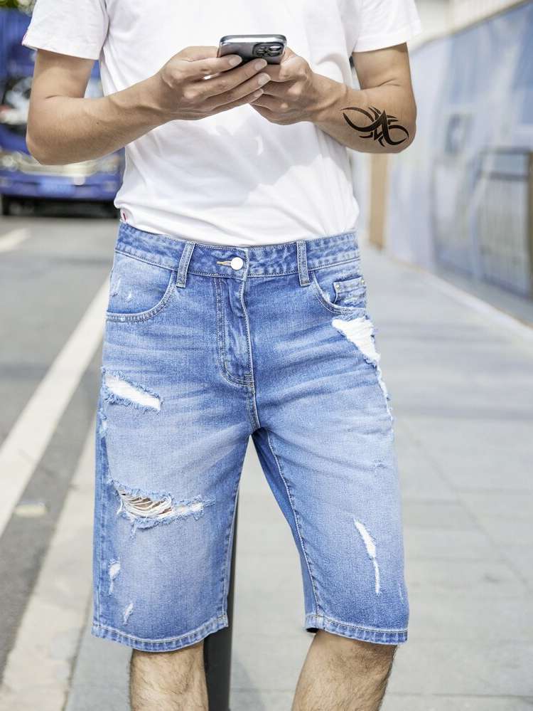  Plain Ripped Men Denim Shorts 584