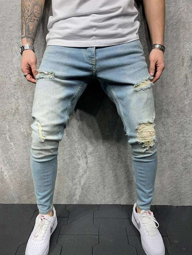 Plain Ripped Skinny Men Jeans 962