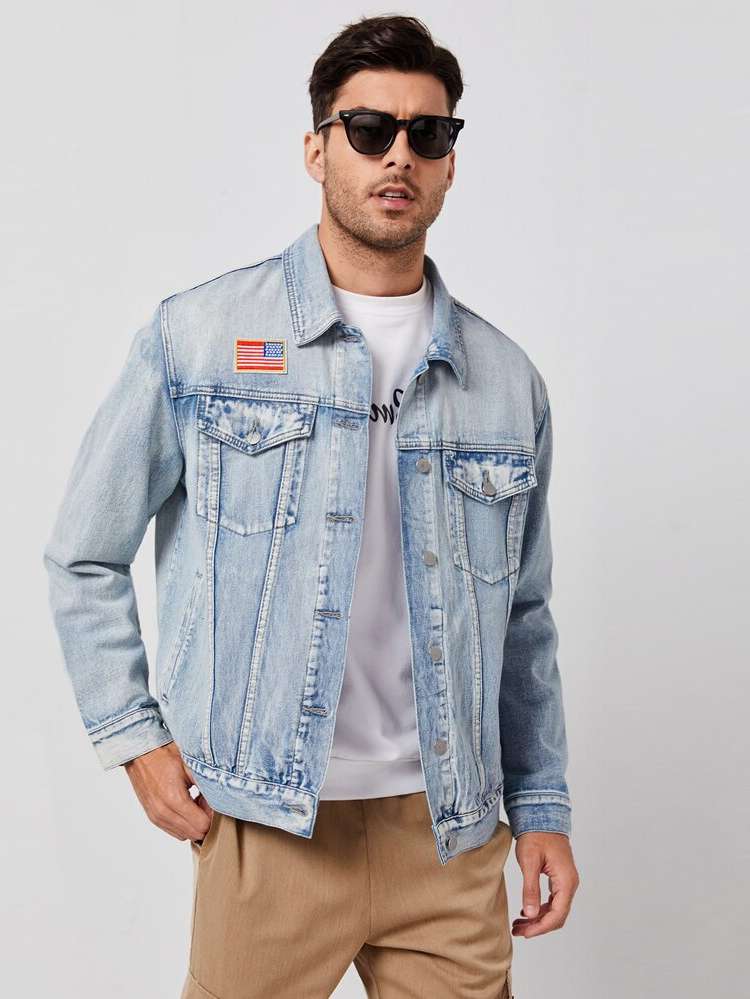 Collar Light Wash Patched Men Denim Jackets 6244