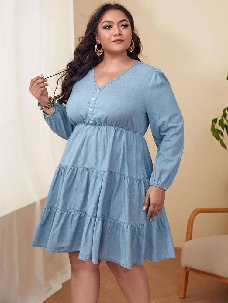  Knee Length Regular Fit Plus Size Denim Dresses 6449