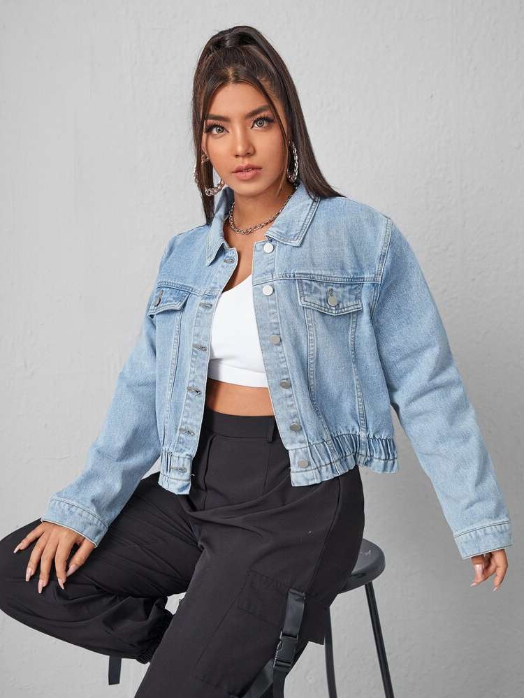 Regular Long Sleeve Collar Plain Plus Size Denim Jackets 3096