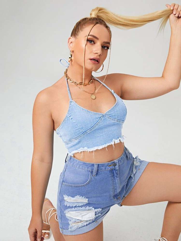 Crop Sexy Sleeveless Plus Size Denim 9798