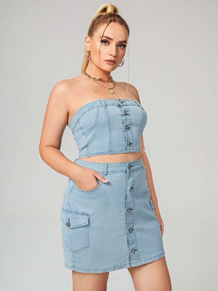  Sleeveless Plain Regular Fit Plus Size Denim Two-piece Outfits 187