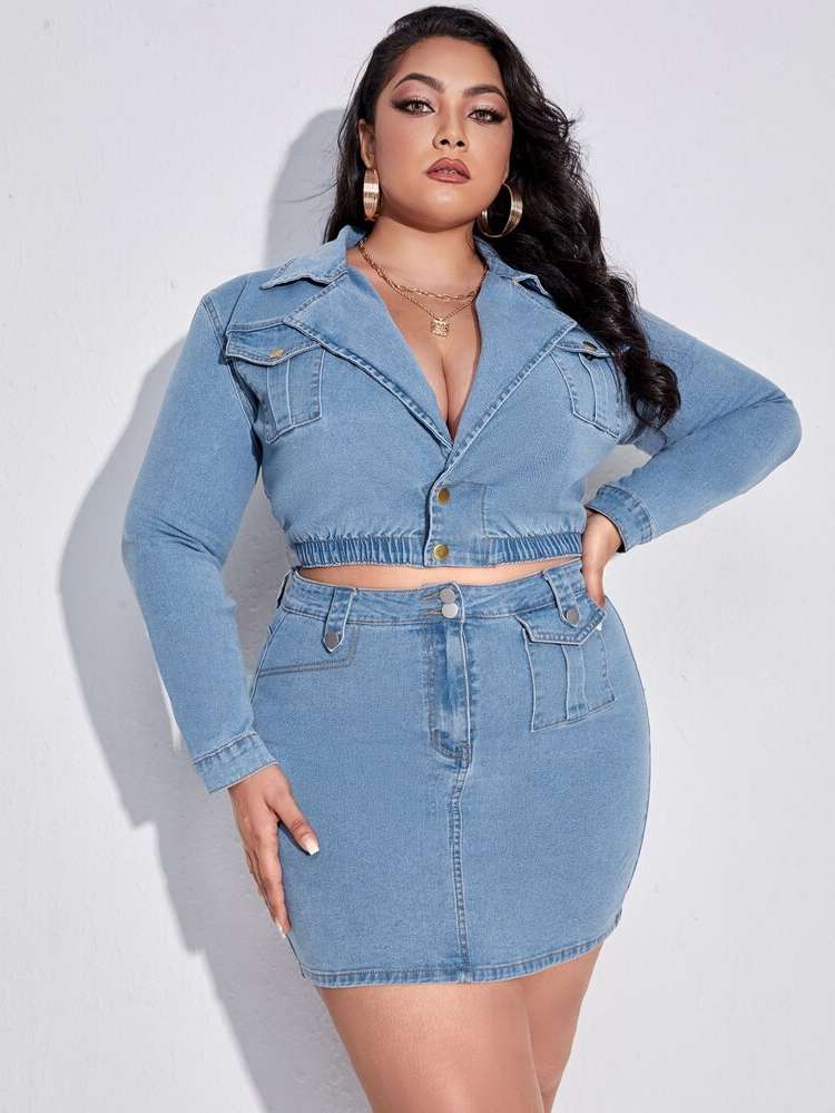 Long Sleeve Pocket Lapel Plain Plus Size Denim Two-piece Outfits 2936