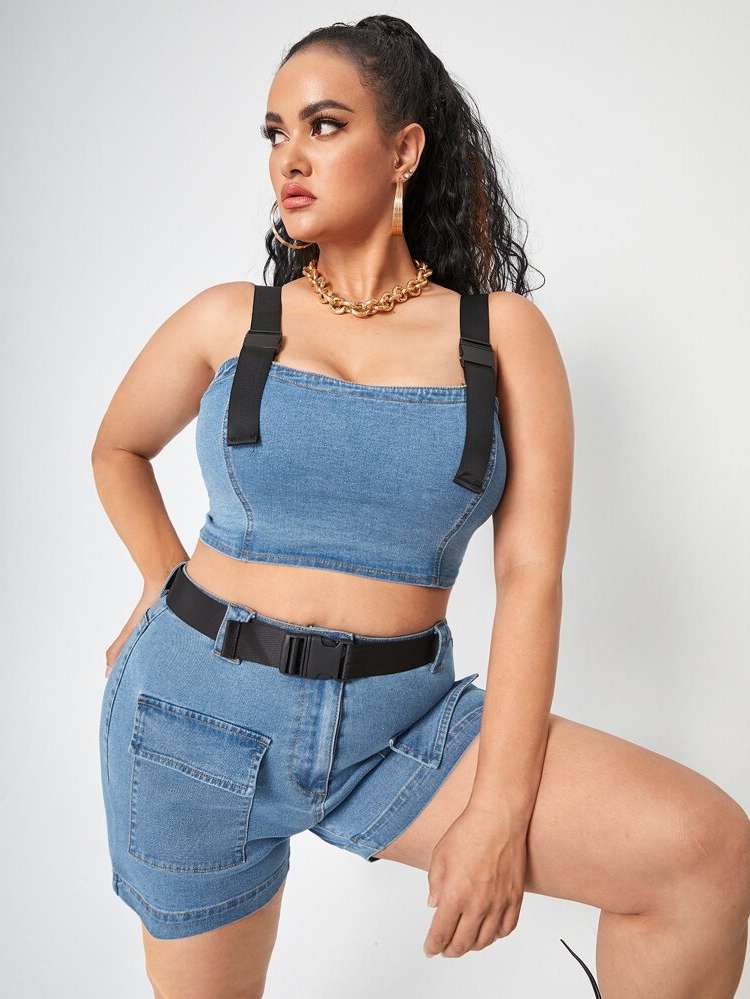 Colorblock Light Wash Straps Plus Size Denim Two-piece Outfits 5238