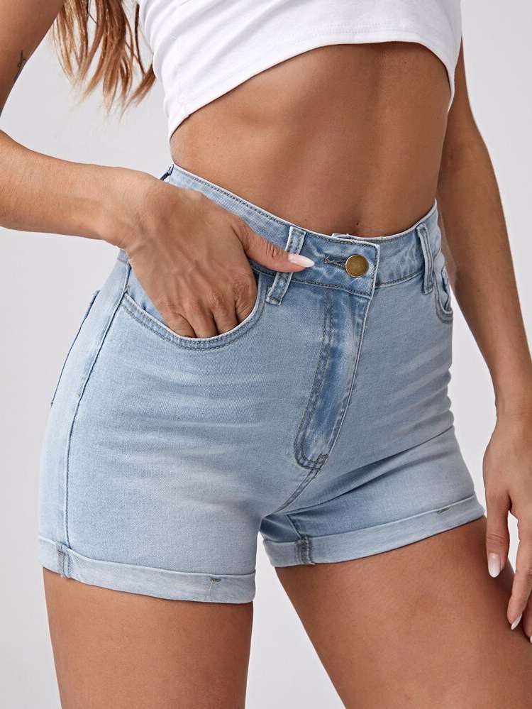 Plain Button Light Wash Women Denim Shorts 6704