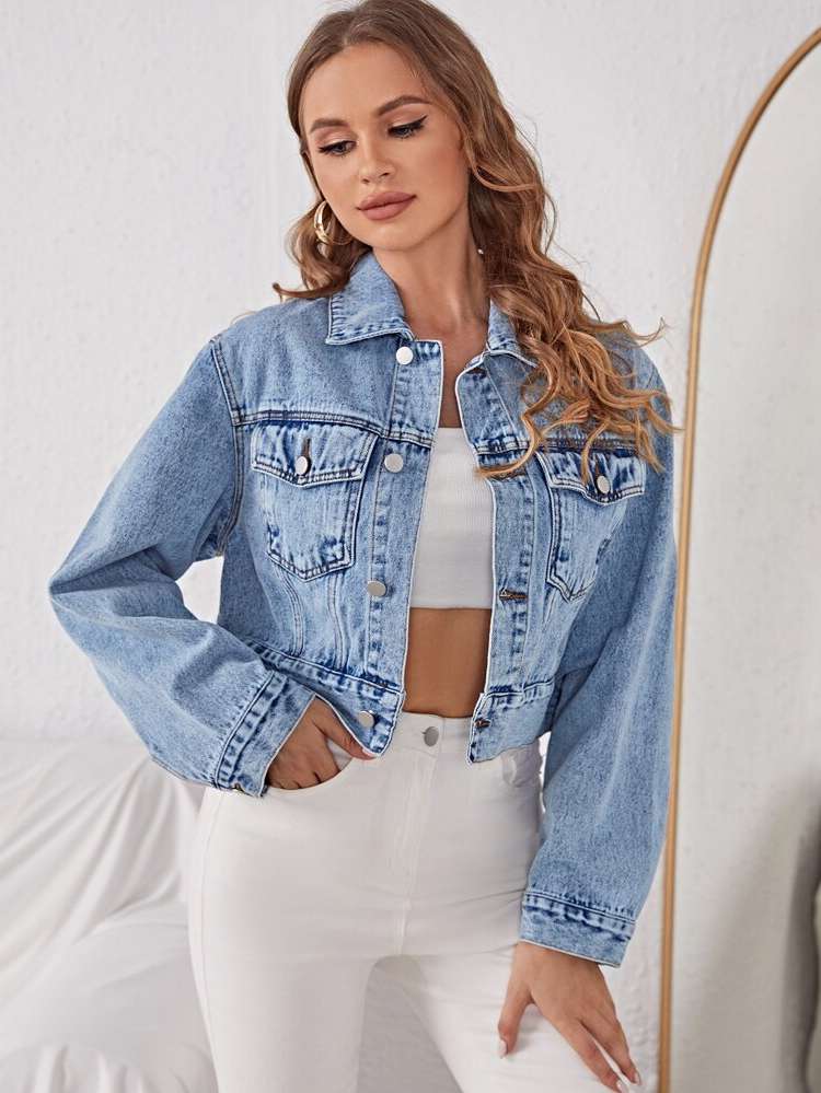  Long Sleeve Crop Plain Women Denim 1336