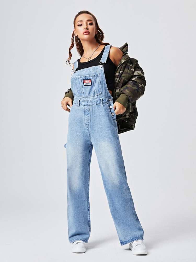 Button Long Preppy Women Denim Overalls  Jumpsuits 5755