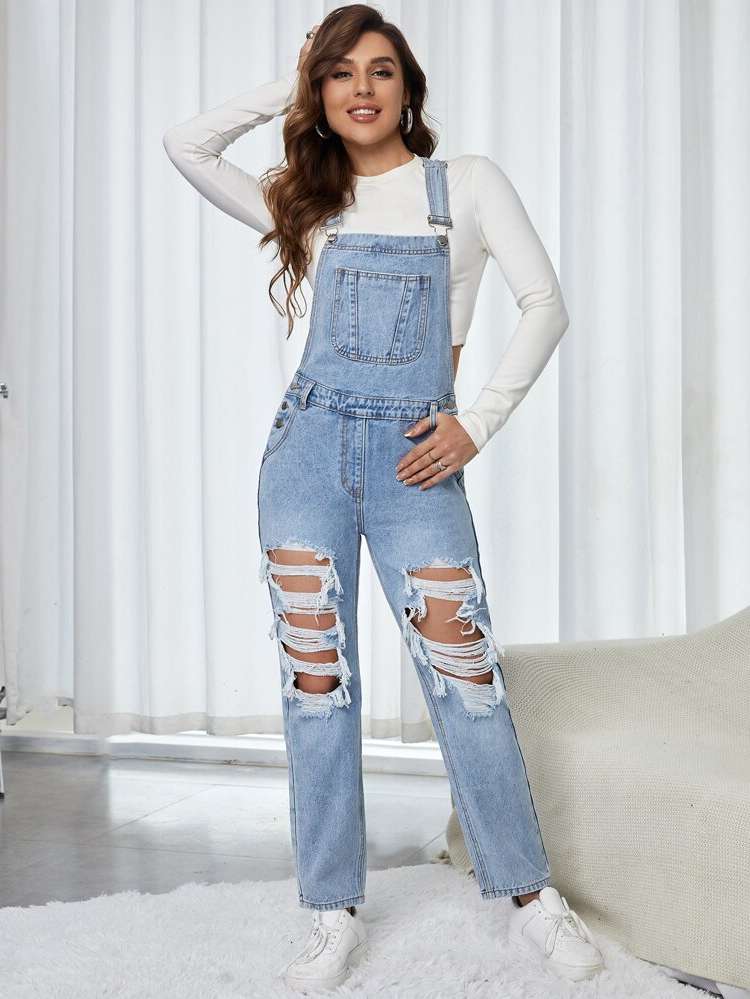  Long Button Sleeveless Women Denim Overalls  Jumpsuits 1253