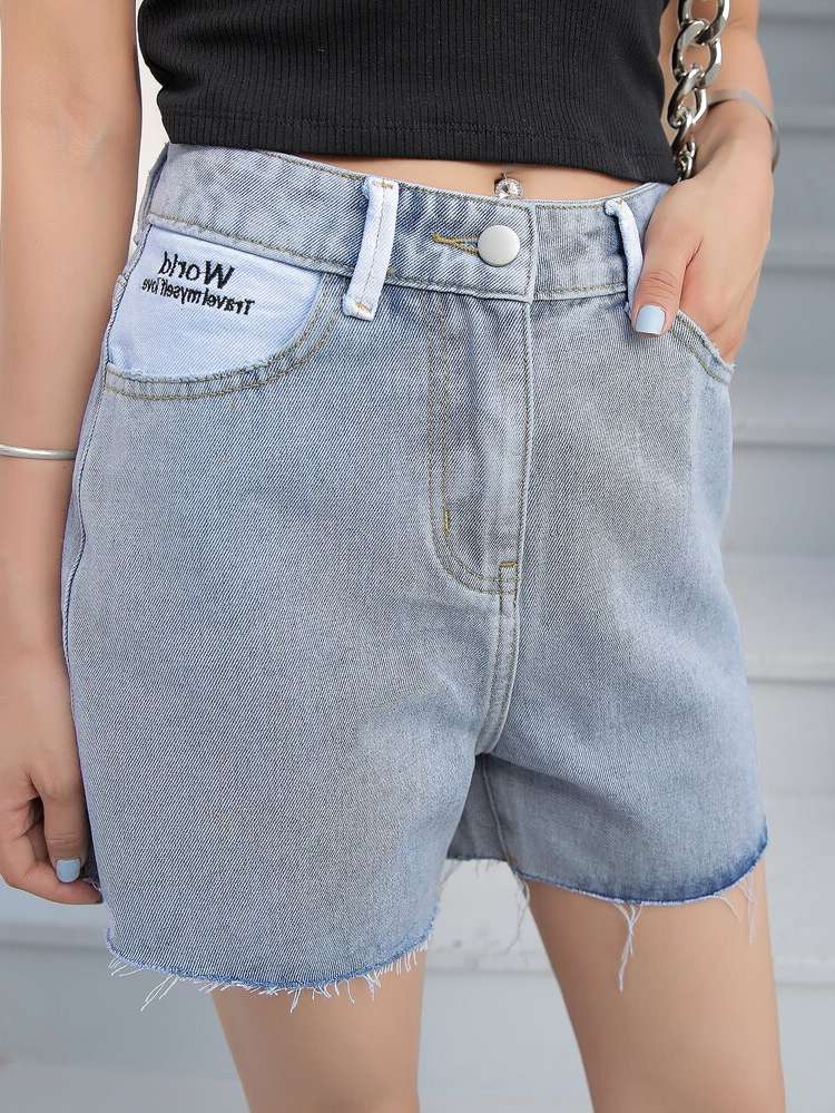 Light Wash Letter Regular Fit Women Denim Shorts 3316