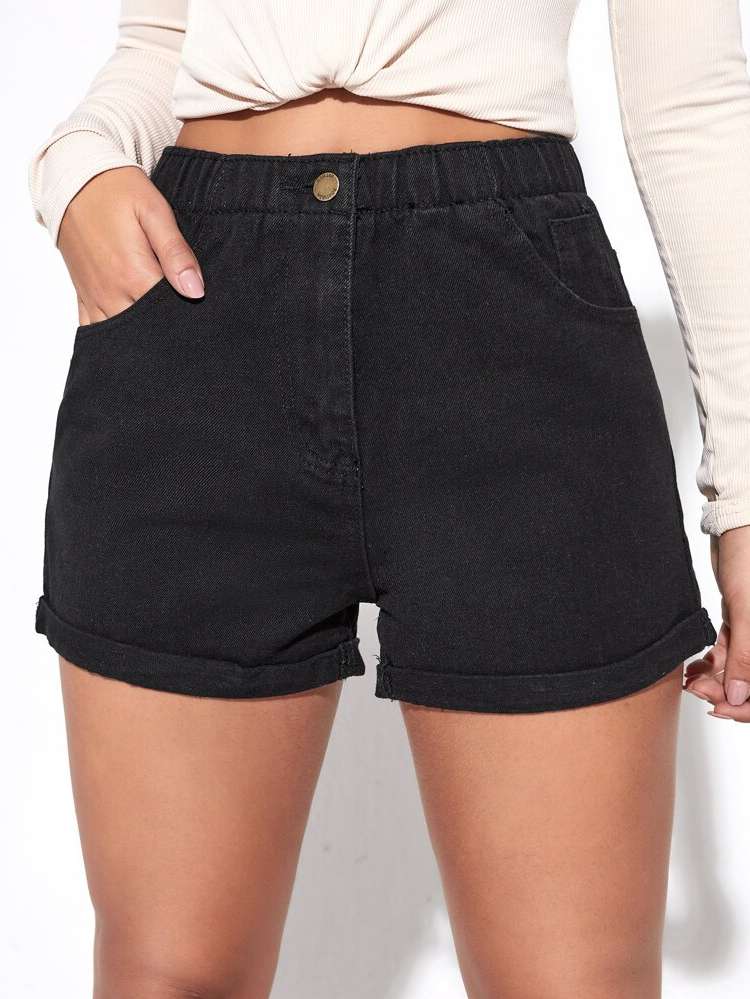 Button  Plain Women Denim Shorts 3159