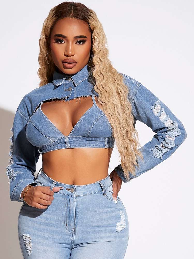 Crop Plain Ripped Collar Women Denim 470