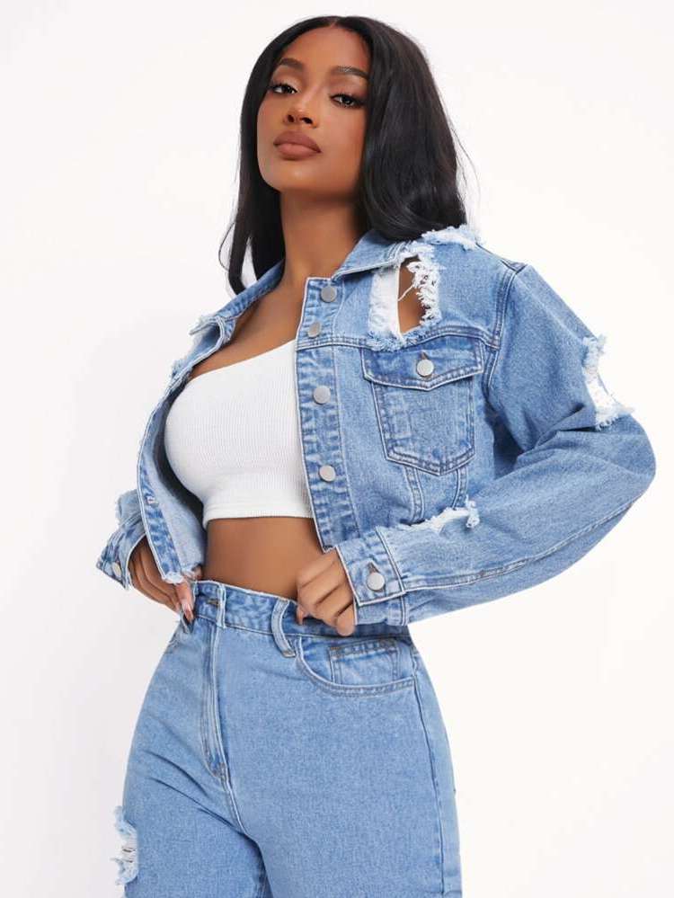 Ripped Long Sleeve Crop Casual Women Denim Jackets  Coats 16