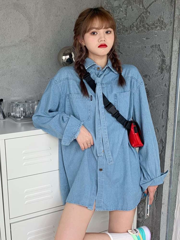 Long Sleeve Plain Short Women Denim 8162