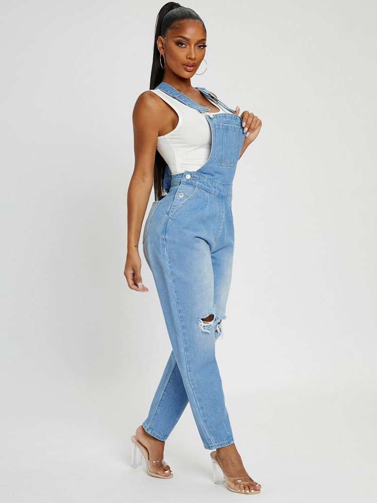 Plain Sleeveless Button Preppy Women Denim Overalls  Jumpsuits 1329