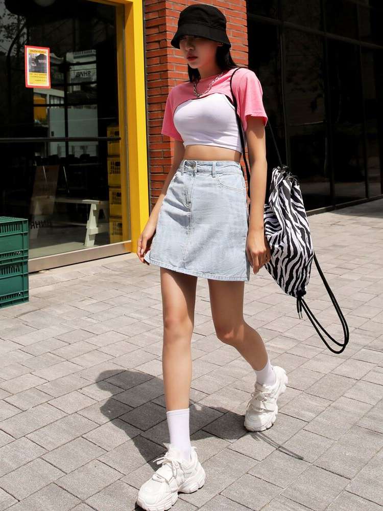 Plain Short Light Wash Women Denim Skirts 2054