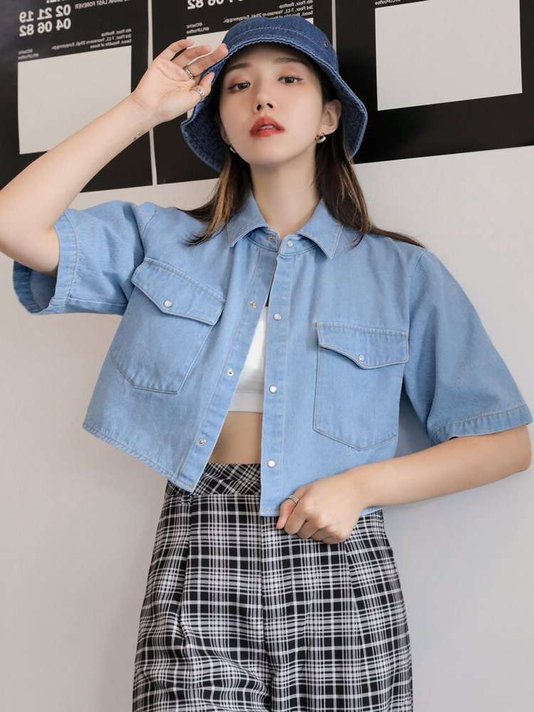 Short Sleeve Regular Fit Collar Women Denim 3963