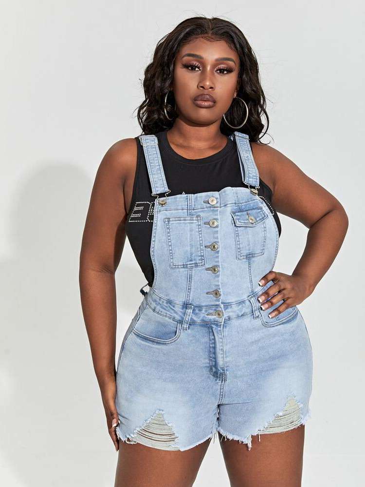 Short Sleeveless Button Plus Size Denim Overalls 916