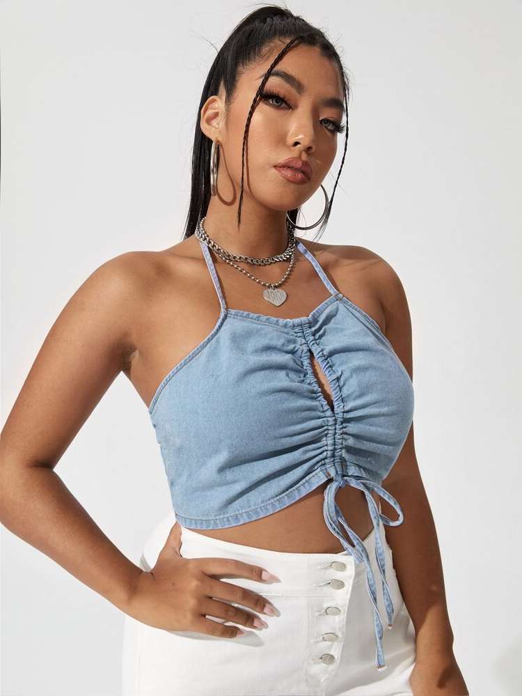 Sexy Sleeveless Plain Plus Size Denim Tops 612