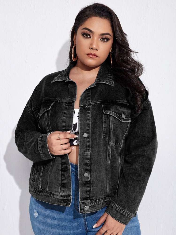 Long Sleeve Regular Pocket Plain Plus Size Denim Jackets 3508