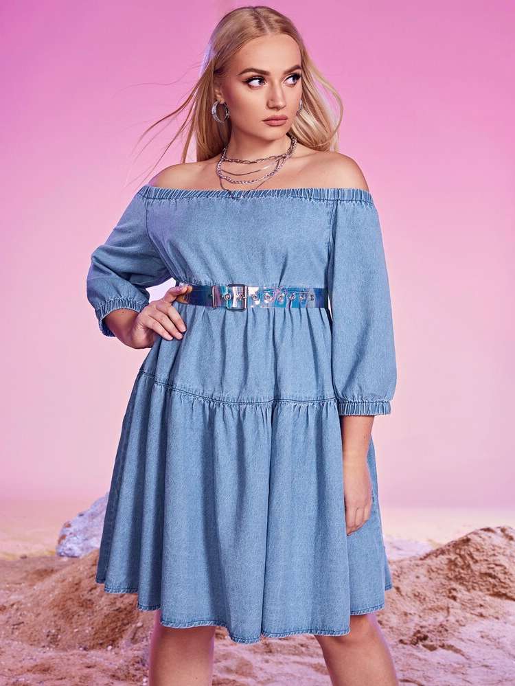 Knee Length Regular Fit Casual Ruffle Hem Plus Size Denim Dresses 1664