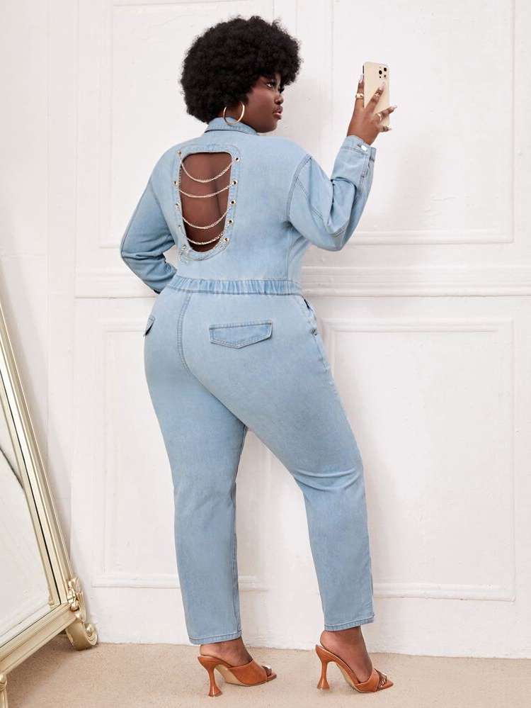 Plain Collar Long Light Wash Plus Size Denim Overalls 709