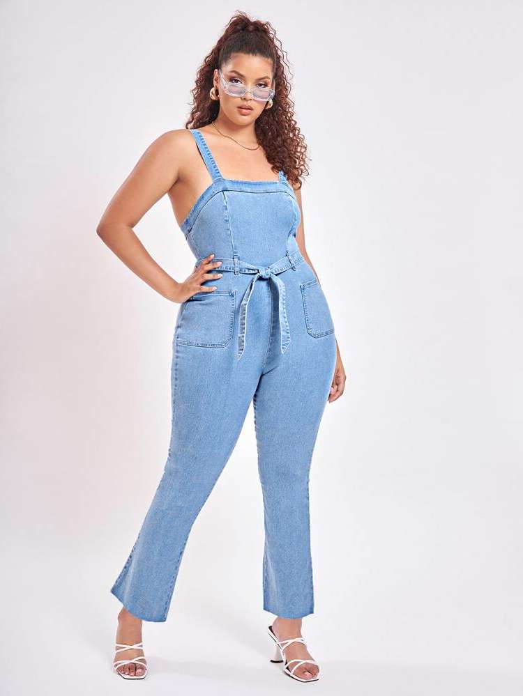  Sleeveless Casual Regular Fit Plus Size Denim Overalls 7706