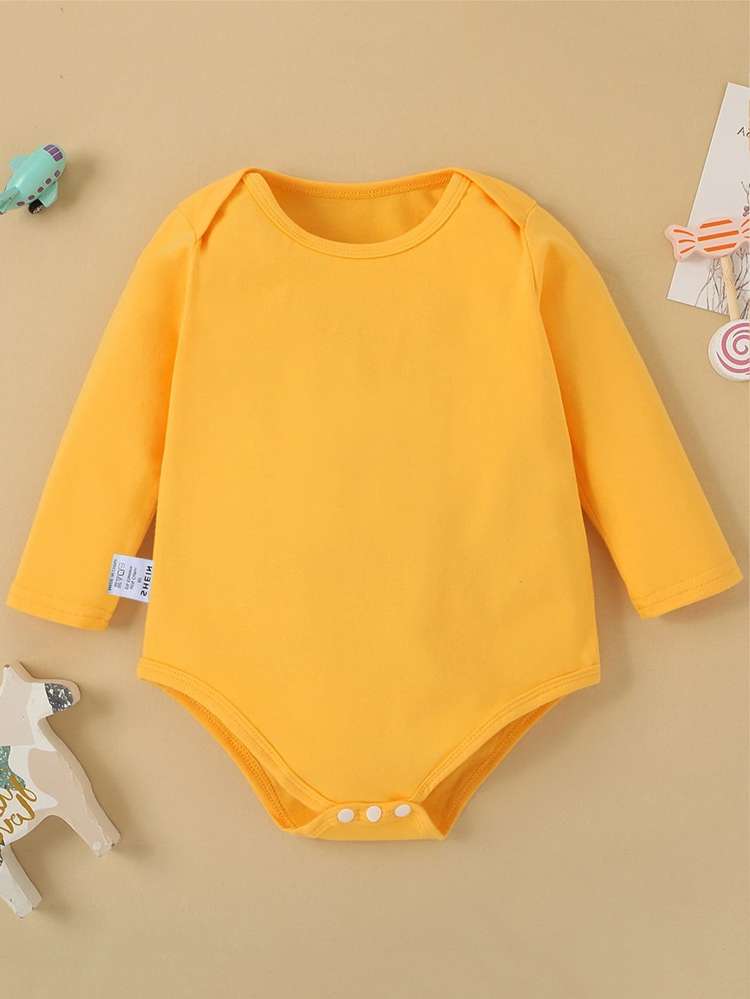 Long Sleeve Plain Button Round Neck Baby Onesies 964