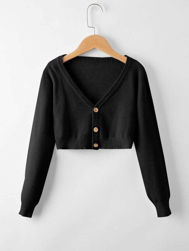 Crop Button Front V neck Long Sleeve Girls Cardigans 4697